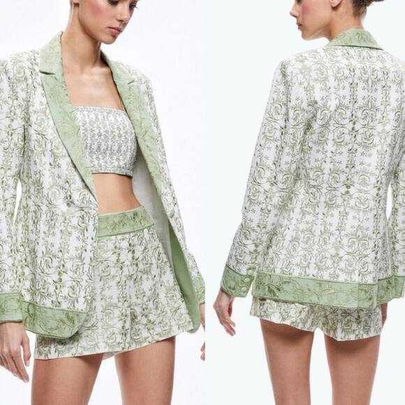 Alice + Olivia Macey Embroidered Cotton Linen Blazer Republic Geo Green Size 2 - Picture 5 of 16